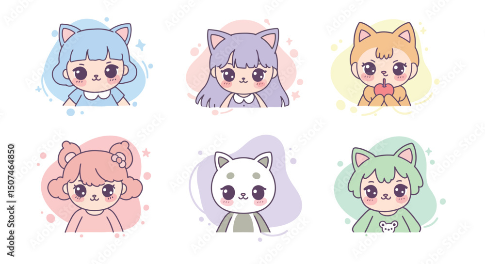 Obraz premium Cute kawaii anime style characters with cat ears in pastel colors vector illustration 