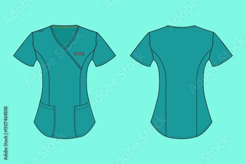 V neck short sleeve Modern Scrub medical Apparel  fashion flat sketch CAD mockup front and back views.