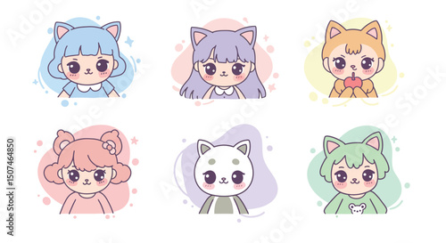 Cute kawaii anime style characters with cat ears in pastel colors vector illustration 