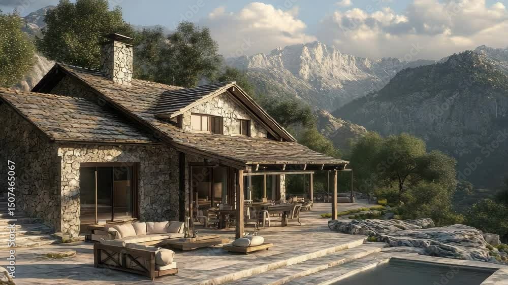 mountain lodge with stacked timber beams, slate roof, flagstone terrace, and panoramic views framed by rustic natural finishes, mountain lodge with stacked timber beams, slate roof, flagstone terrace, and panoramic views framed by rustic natural finishes,