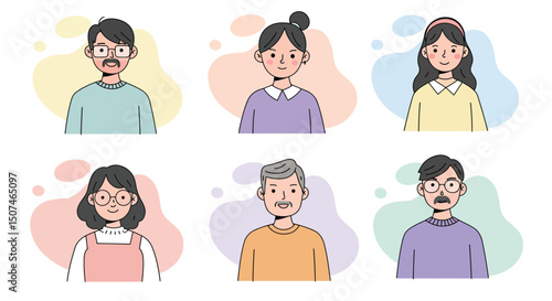 Diverse group of six cartoon people with various hairstyles and colorful backgrounds natural friendly illustration 