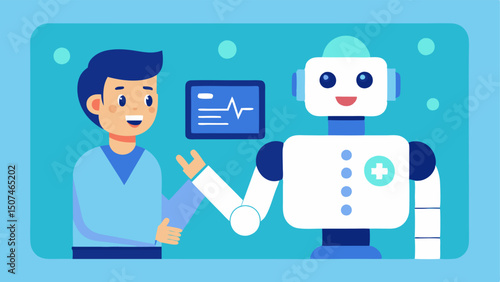 Patient Engagement Robot A friendly robot interacting with a patient through a touchscreen displaying educational videos about upcoming diagnostic tests.