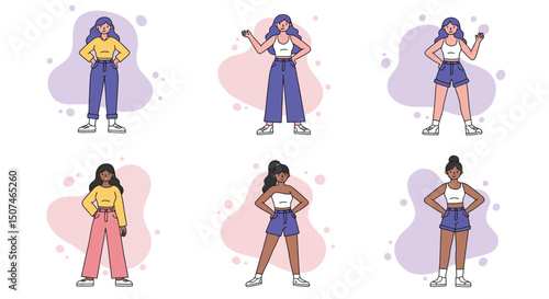 Diverse young women standing casual poses vector illustration with colorful backgrounds and modern fashion style 