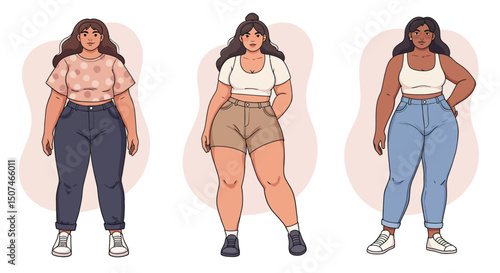 Diverse plus size women standing in casual outfits showing body positivity and confidence vector illustration 