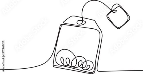 Continuous one line art of tea bag with string and tag, minimalist elegant kitchen concept illustration

