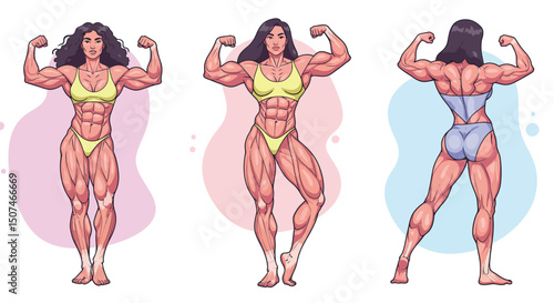 Muscular female bodybuilder posing front and back in fitness competition vector illustration for sports and lifestyle themes 