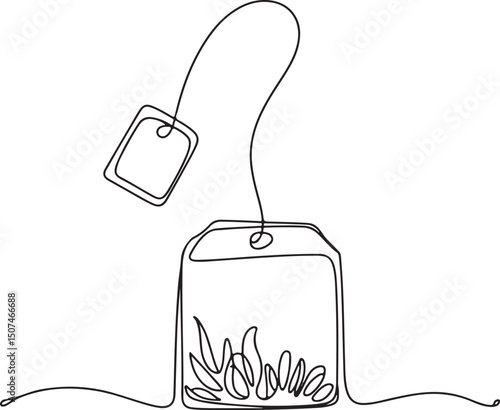 Continuous one line art of tea bag with string and tag, minimalist elegant kitchen concept illustration


