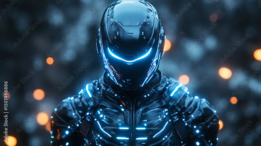Fototapeta premium Futuristic Cyborg Warrior in High Tech Armor Glowing Blue Lights Sci Fi Concept Art