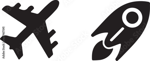 Airplane and Rocket Silhouette Icon Set