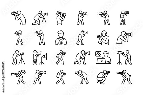 Set of Photographer Icons in Outline Style Collection of Camera Operator and Photo Shooting Poses Including Tripods, Portraits, Studio Equipment, and Travel Photography Concepts. 
