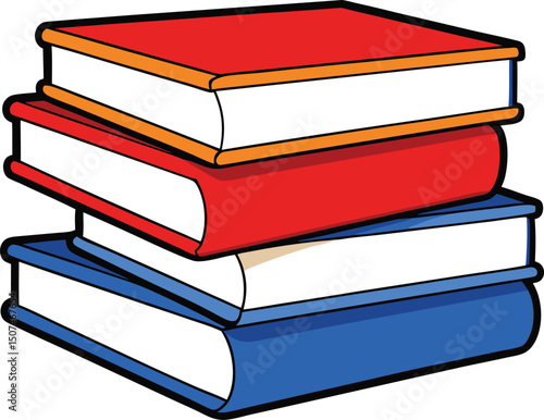 A cartoon illustration of a stack of books in red and blue.