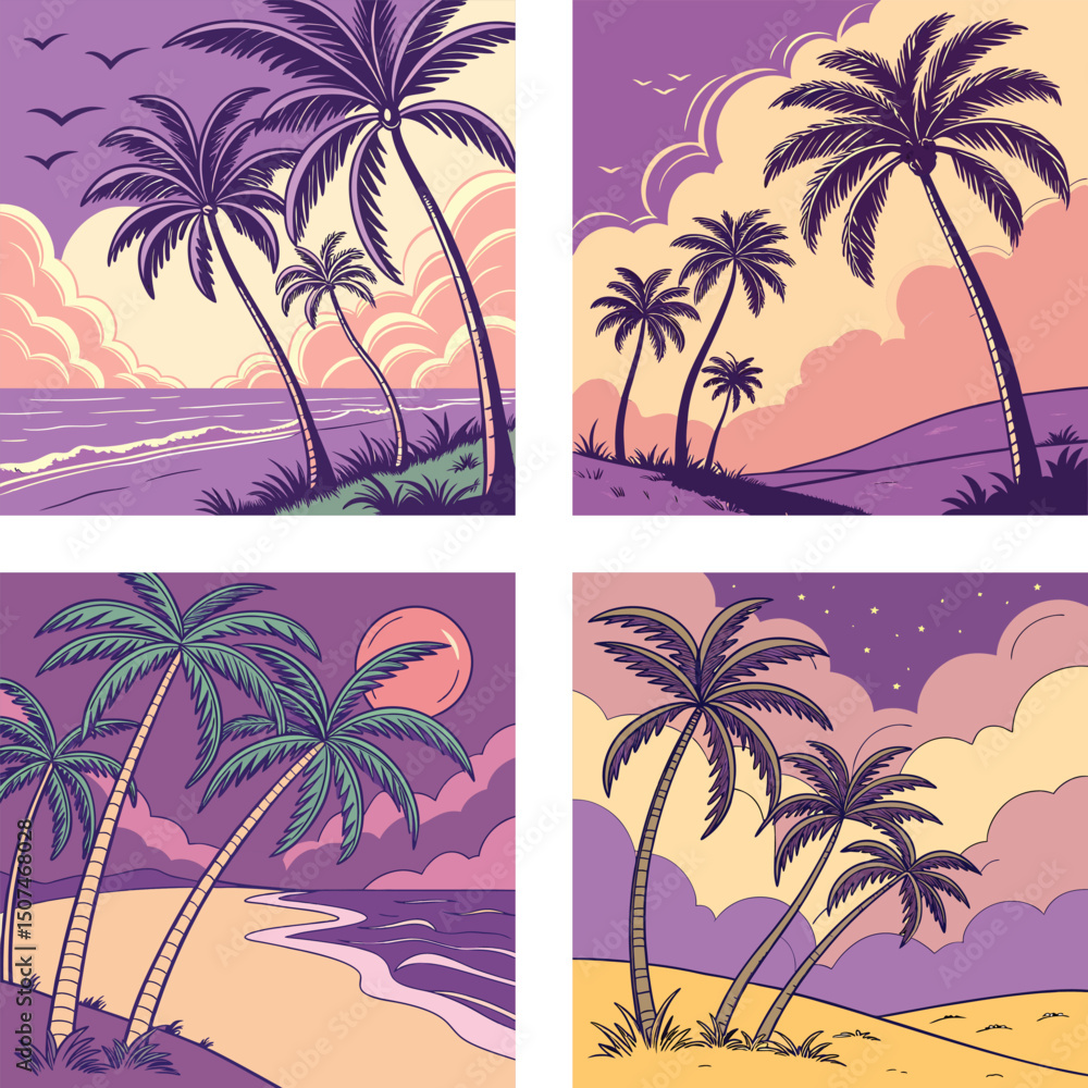 Obraz premium A group of palm trees swaying under a vibrant, purple sunset. 