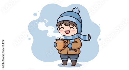 Child enjoying hot drink in winter clothes with blue hat and scarf vector illustration 
