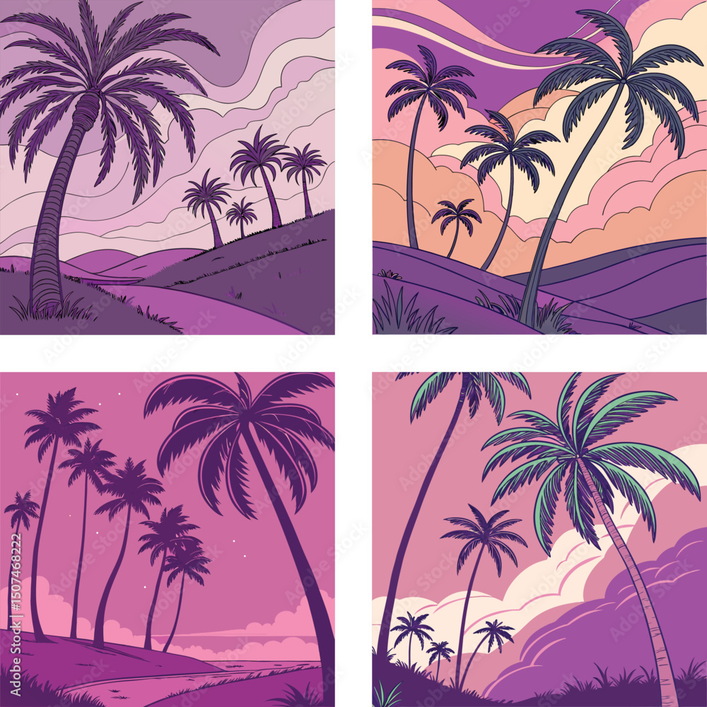 Fototapeta premium A group of palm trees swaying under a vibrant, purple sunset. 
