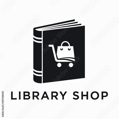 Minimalist Monochrome Library Bookshop Logo with Book and Shopping Bag Icon


