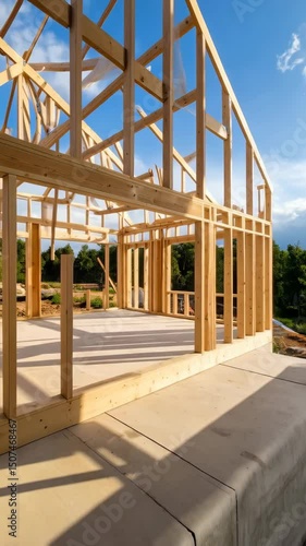 Framed structure of new house construction under blue sky showing roof trusses and wall studs in residential construction site.