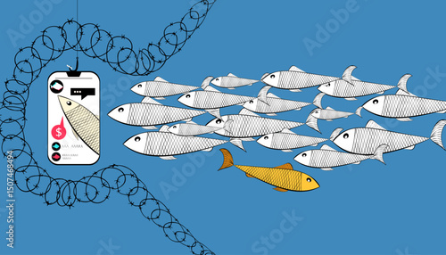 influence of propaganda on the masses in social networks, manipulation, online, sales scam. society Opinion leadership active media user, fish and hook.	