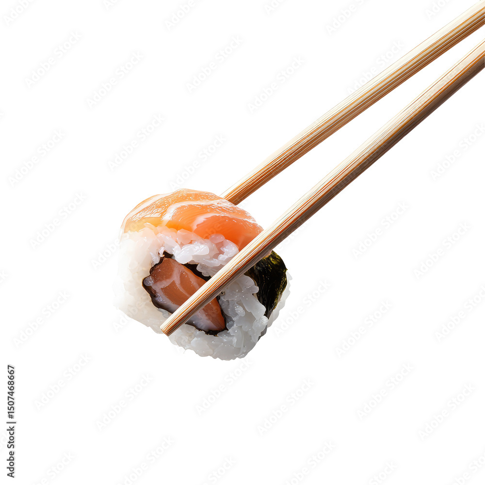 A piece of salmon sushi roll being held by chopsticks against a black color background in a studio shot A piece of salmon sushi roll being held by chopsticks against a black color background in a studio shot