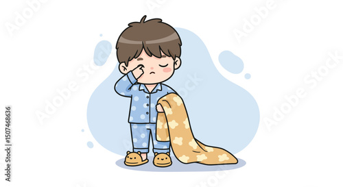Sleepy little boy in blue pajamas holding blanket waking up early morning vector illustration 