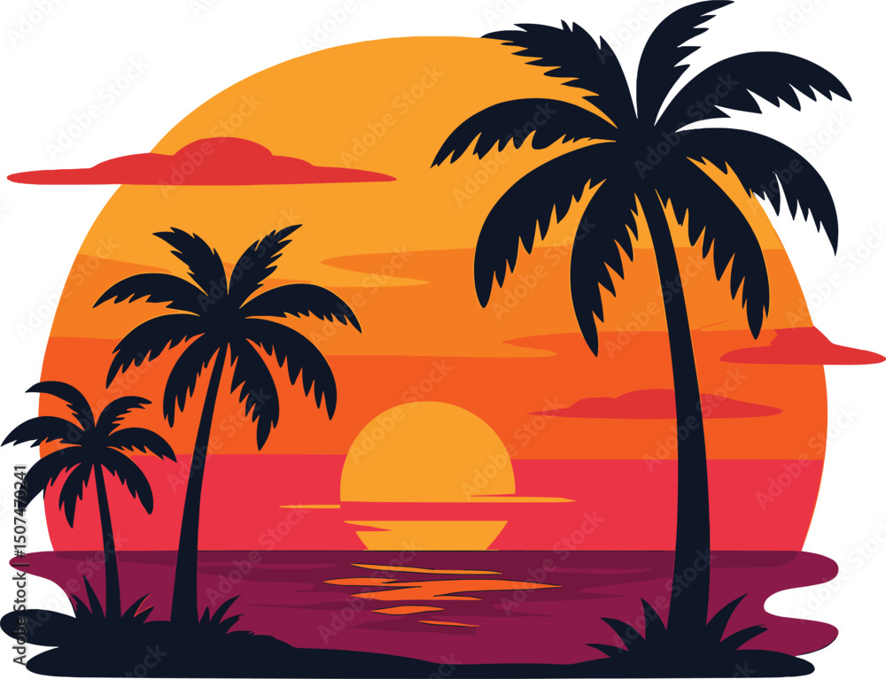 Vector illustration featuring dark palm tree silhouettes set against a vibrant tropical ocean sunset background Vector illustration featuring dark palm tree silhouettes set against a vibrant tropical ocean sunset background