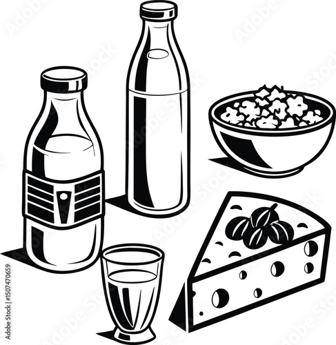 A Modern Set Featuring Butter  Milk Set Of Silhouette Vector ,dairy products set