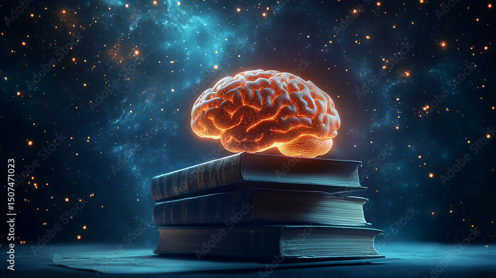 custom made wallpaper toronto digitalGlowing Brain Resting on Stack of Old Books Against a Starry Night Sky