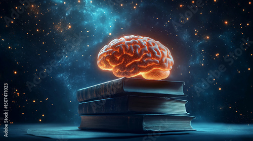 Wallpaper Mural Glowing Brain Resting on Stack of Old Books Against a Starry Night Sky Torontodigital.ca