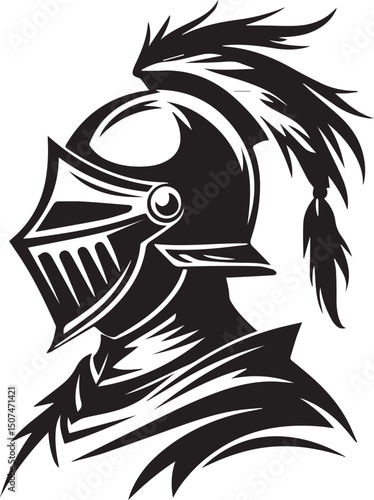 Medieval Knight helmet with plume silhouette vector black and white 