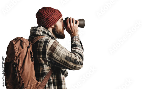 Adventurer Stopping on a Mountain Trail to Observe the Surrounding Landscape with Binoculars Isolated on Transparent Background PNG