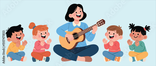 Happy teacher playing guitar with joyful diverse kids sitting and clapping hands, early childhood music class, fun learning activity