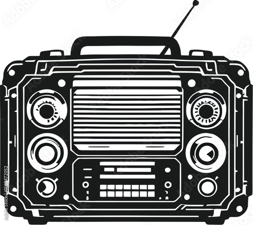 Retro Portable Radio Vector EPS – Vintage Design with Antenna, Dials, and Handle for Nostalgic Communication Artwork
