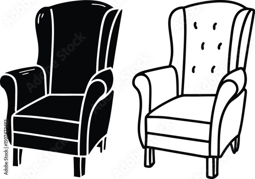 Armchair And Chair Set Of Silhouette Vector  ,black leather armchair isolated, brown, fashion, isolated