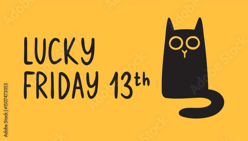 lucky friday 13th and black cat poster cartoon doodle hand drawn style 