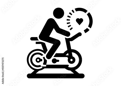 Person on exercise bike with heart rate icon silhouette on white