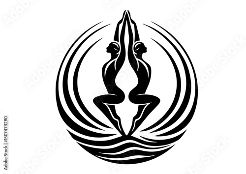Two women in synchronized swimming pose silhouette on white