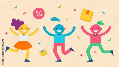 Dance of the Discounts Characters in lively poses dancing around a stores display with colorful confetti and discount prices swirling around them.