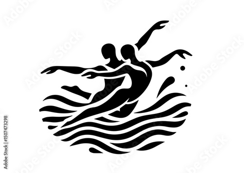 Two women dancing in synchronized swimming silhouette on white