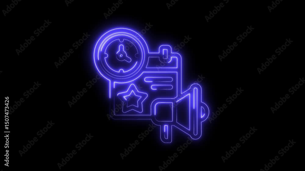 Neon style promotion animation with clock star paper and megaphone design on black background Neon style promotion animation with clock star paper and megaphone design on black background