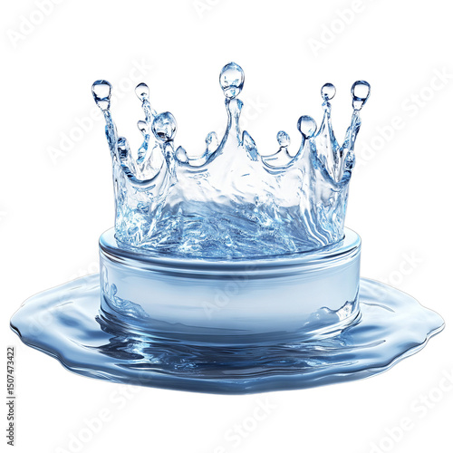 Rippled water podium with frozen splash crown. Isolated white background. Png format