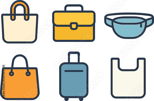 A collection of bag icons, including totes, briefcases, fanny packs, shoppers, luggage, and plastic bags, is available as minimal vector illustrations