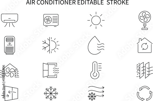 Air conditioner icon.Air Conditioning, linear style icon set.Heating, ventilation and cooling systems for indoor climate control. Fans, vents and temperature regulation equipment.