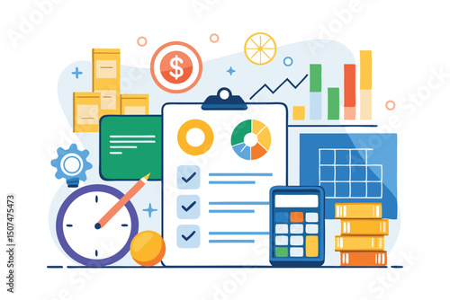 Colorful and transparent financial planning illustration depicting budget analysis and business concepts ready for various design uses