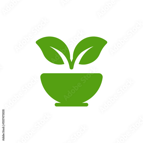 This ecology icon features a green plant in a bowl, symbolizing natures resilience and highlighting the need for sustainable practices for harmony with our environment for future generations