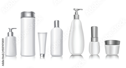 Realistic 3d vector cosmetic package blank templates mockup of soft white plastic containers. Cream, lotion, shampoo, gel, balsam, shampoo, dispenser, conditioner spray 3d Vector Illustration set