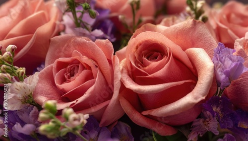 Close up of Two Peach Roses with Purple Flowers in a Bouquet Beautiful Floral Arrangement