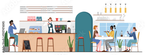 People in bar cafe vector illustration. Cartoon flat man woman friend characters meeting at cafeteria for coffee cup or dessert and talking, barista making hot drink at bar counter interior background