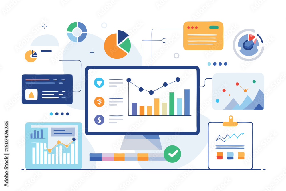 Colorful infographic displaying data analysis charts and graphs suitable for business and financial reporting with transparent elements Colorful infographic displaying data analysis charts and graphs suitable for business and financial reporting with transparent elements