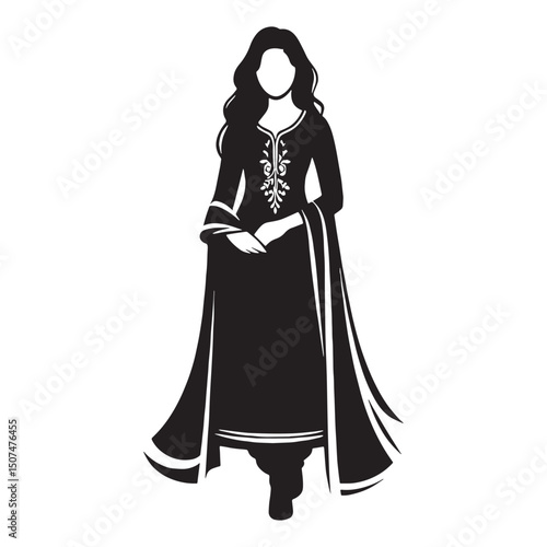 Plain vector of salwar kameez in classic silhouette view – salwar kameez silhouette – salwar kameez vector – salwar kameez illustration – ladies dress silhouette – silhouette of salwar kameez

