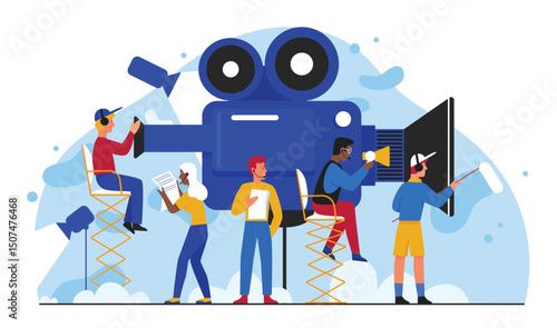 Cinema film production vector illustration. Cartoon flat filmmakers people team making movie, tiny cameraman shooting video film in studio. Multimedia visual entertainment industry isolated on white