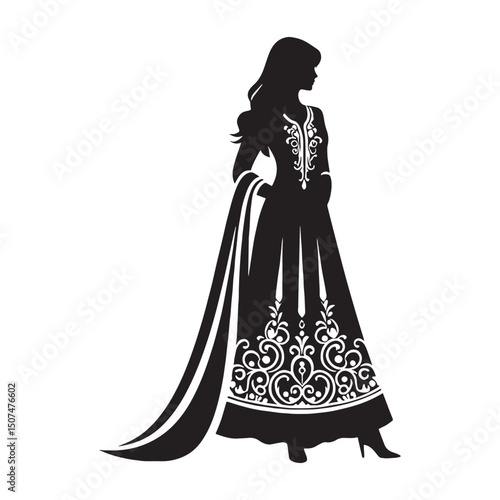Minimalist depiction of salwar kameez in silhouette vector form – salwar kameez silhouette – salwar kameez vector – salwar kameez illustration – ladies dress silhouette – silhouette of salwar kameez

